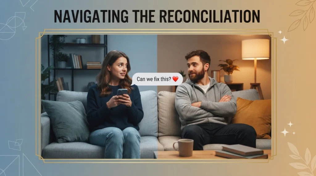 Apology text after an argument with couple reconciling on couch