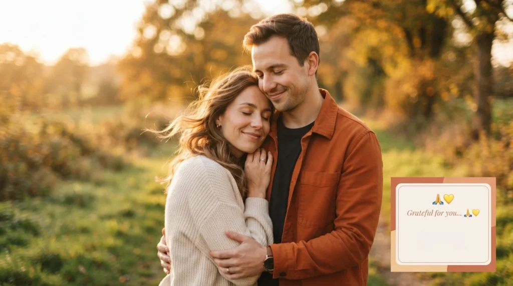Couple embracing warmly sharing appreciation and thank you emoji message