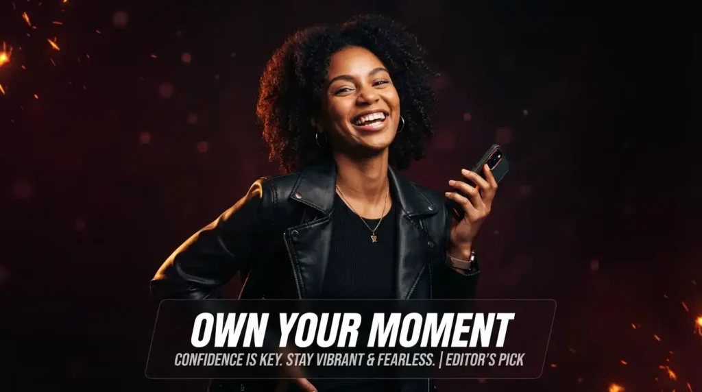 Confident woman smiling with phone, bold flirty text energy