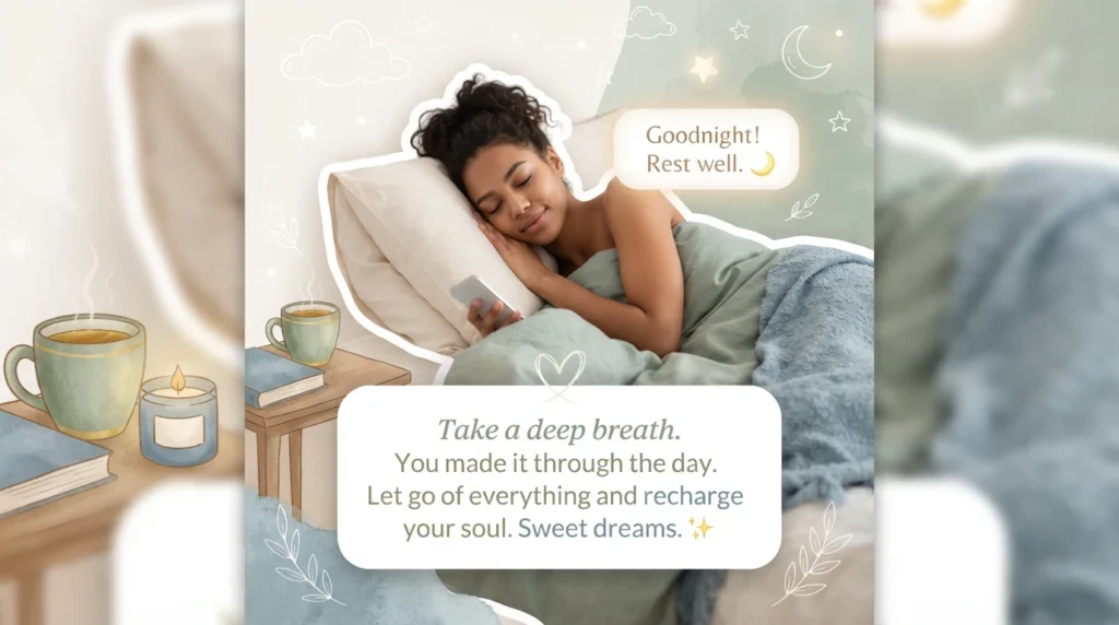 Woman resting peacefully with phone showing comforting gn texts after hard day