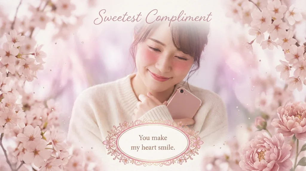 Blushing woman reading sweet compliment-style flirty text message