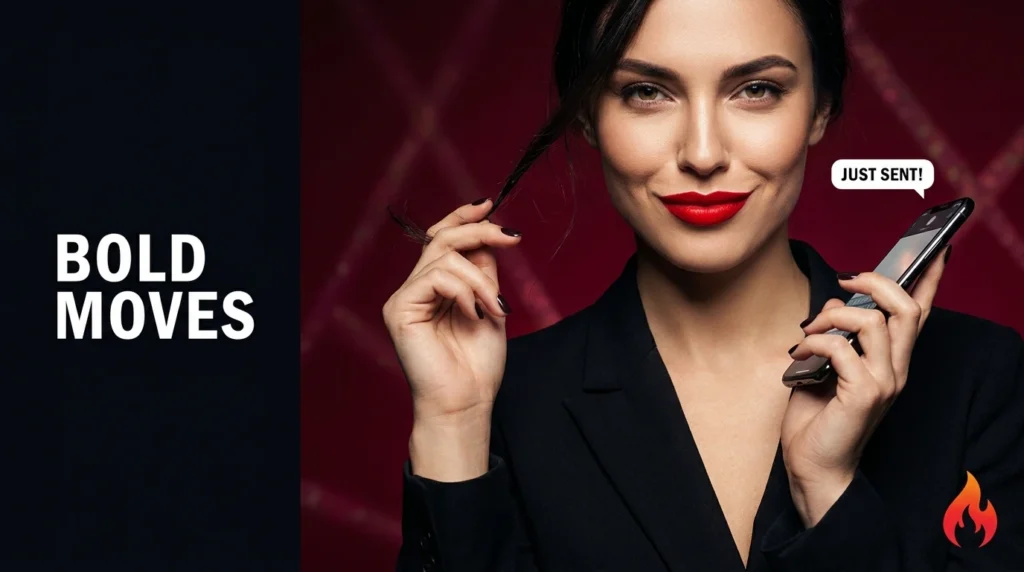 Confident woman smirking while sending bold flirty text message