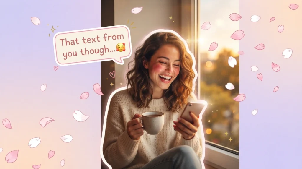Woman smiling at phone enjoying cute playful good evening messages