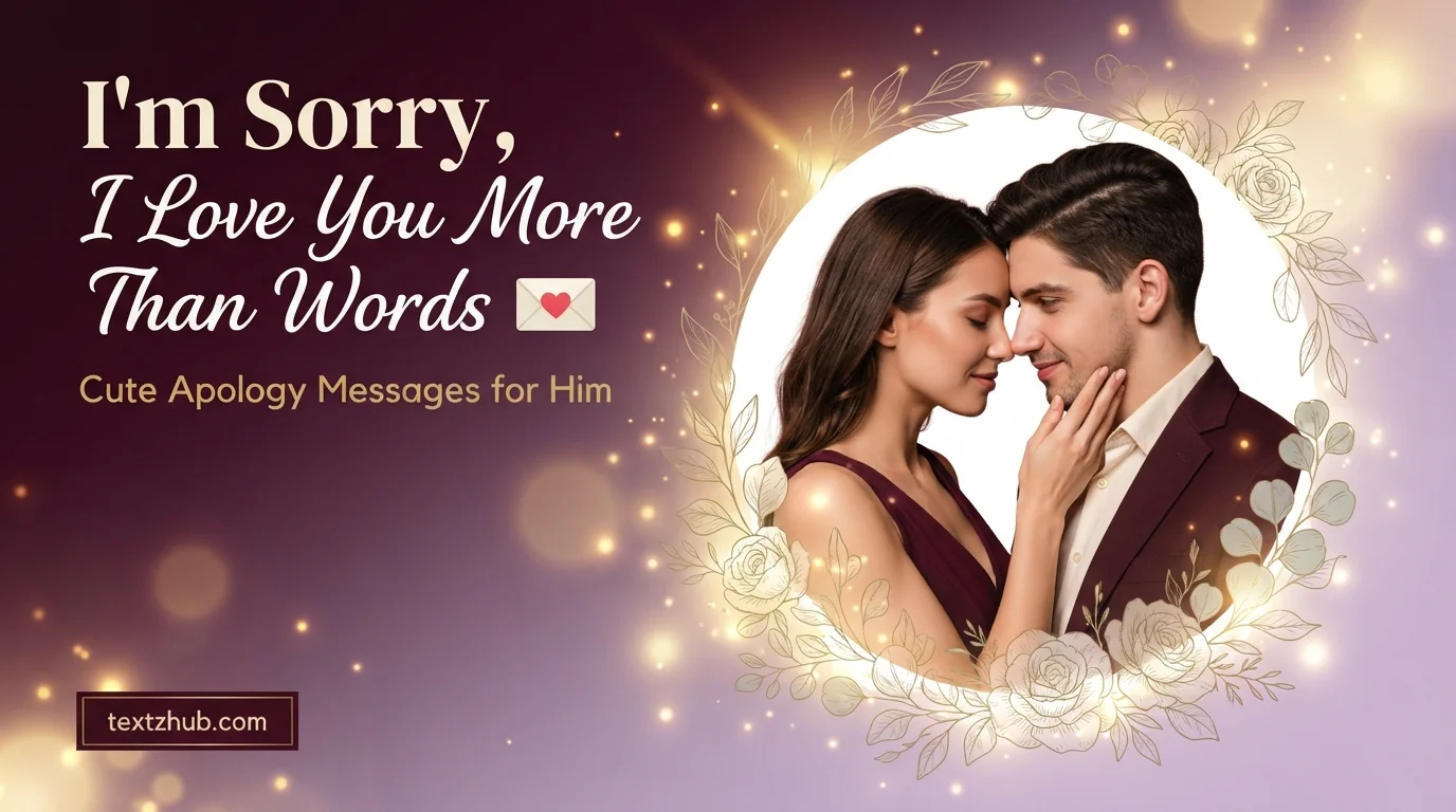 Cute apology messages for him shown through a romantic couple sharing a tender forehead-touch moment.