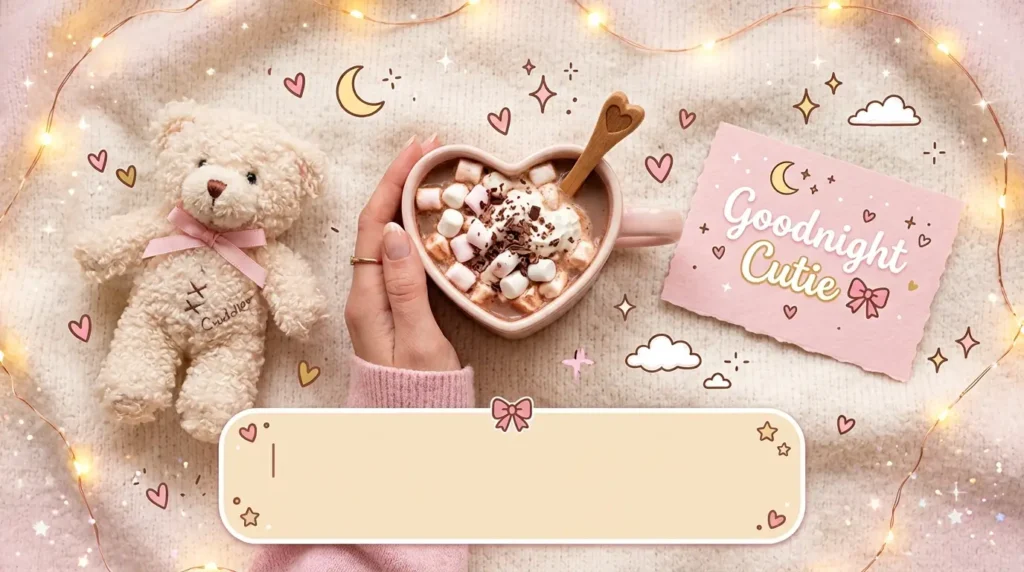 Cozy cocoa and teddy bear flat-lay for cute goodnight messages her