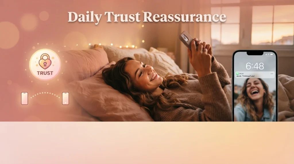 Woman smiling at phone reading daily trust reassurance messages for distance relationship