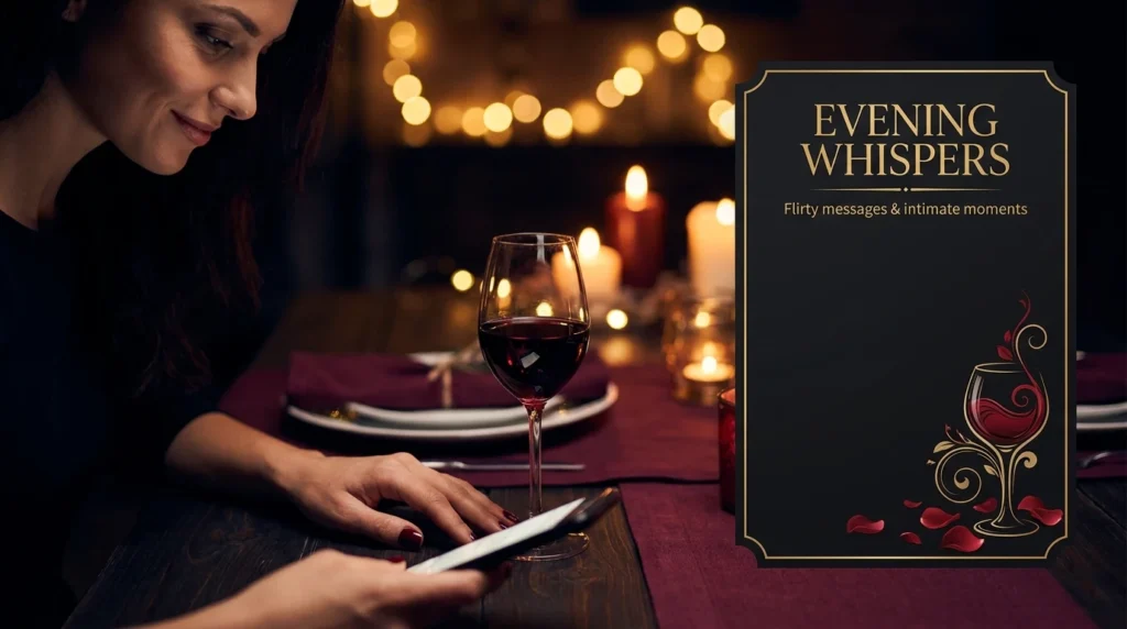Woman texting flirty date night message over candlelit dinner