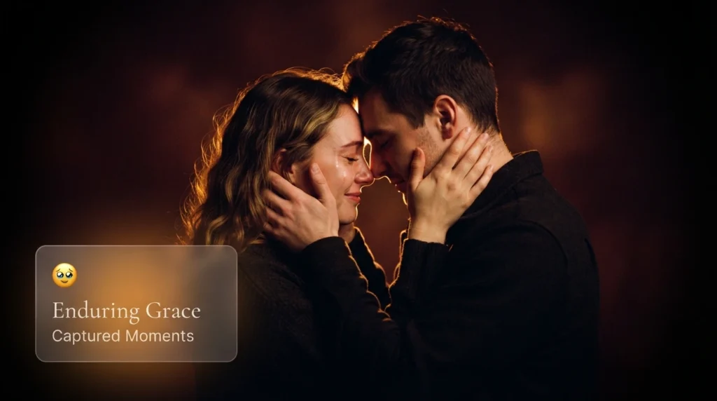 Emotional couple embracing closely for deep heartfelt emoji message post