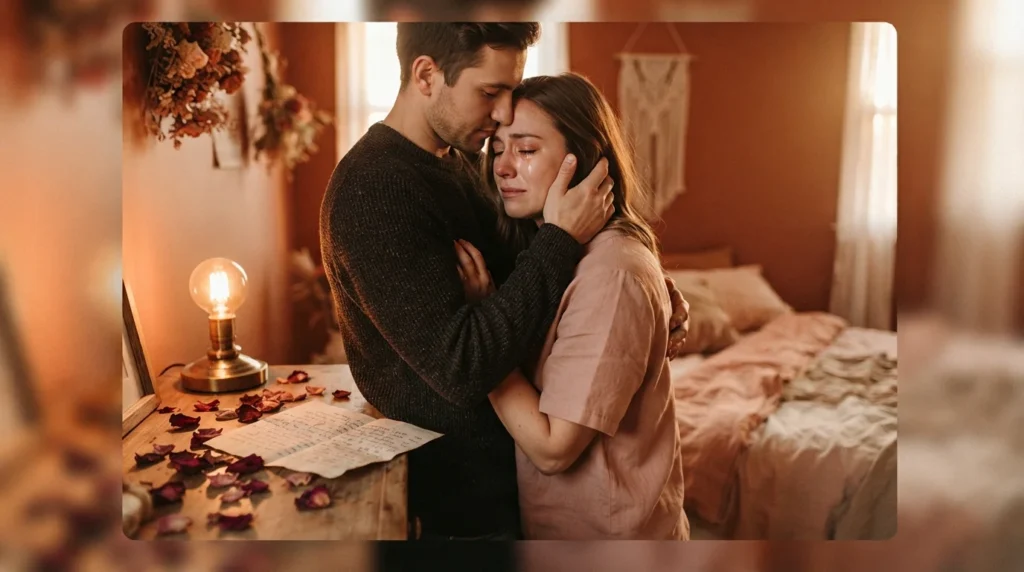 Couple embracing tenderly while sharing a deep forgive me message