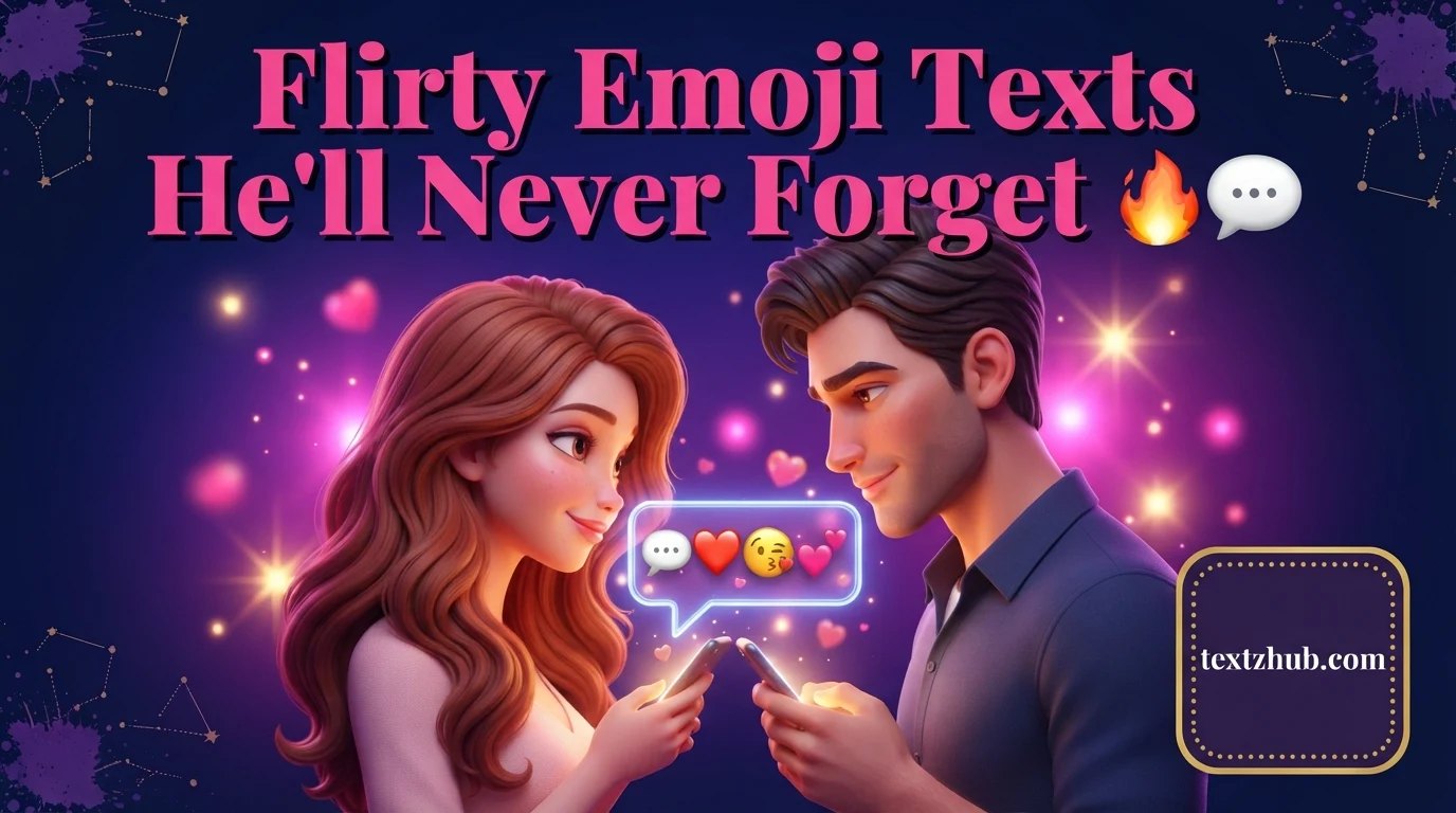 Flirty and romantic emoji messages for him displayed between a loving glowing couple.