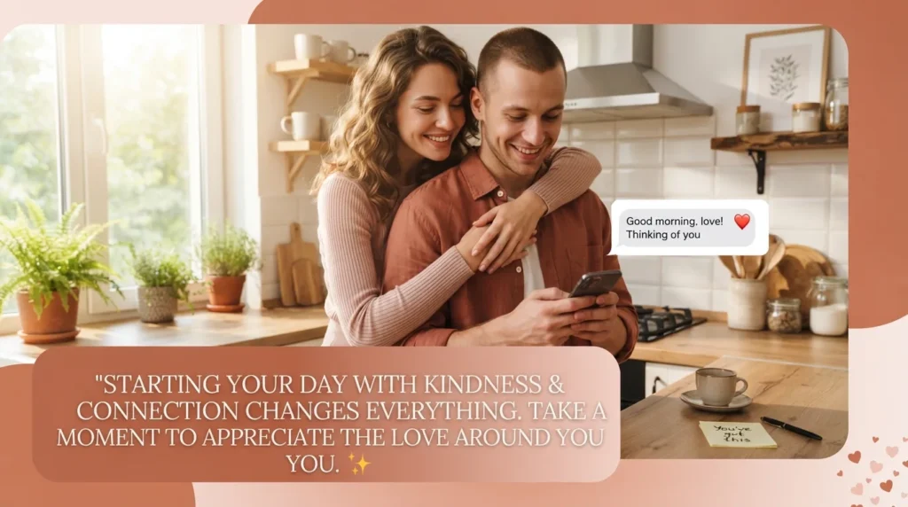 Couple embracing warmly, sharing everyday supportive messages for him lovingly