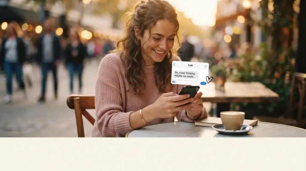 Woman smiling nervously at phone, first flirty text moment