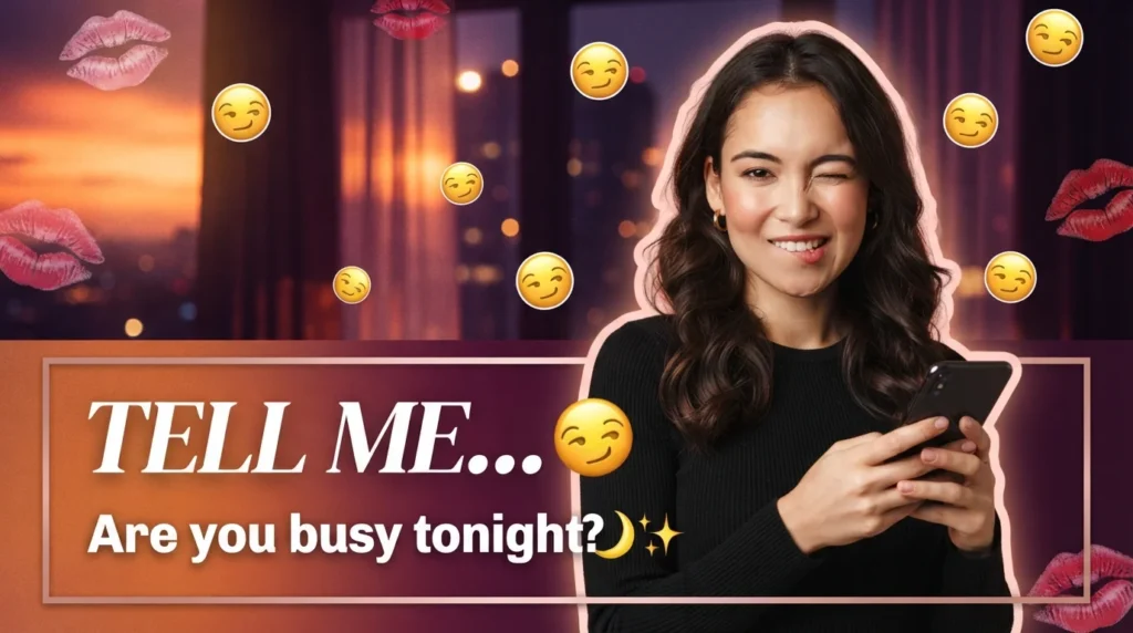 Woman winking playfully with phone illustrating flirty gn texts to tease him