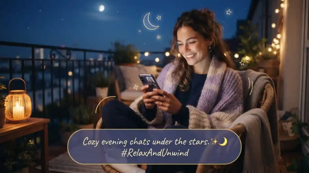 Woman smiling at phone under moonlight, flirty goodnight message