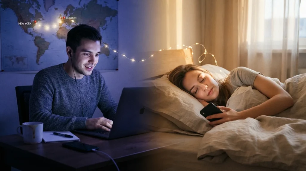 Long-distance couple reconnecting emotionally through late-night video call