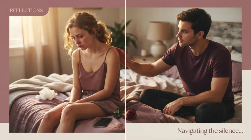 Couple sitting close, sad and reaching out after hurting her unintentionally