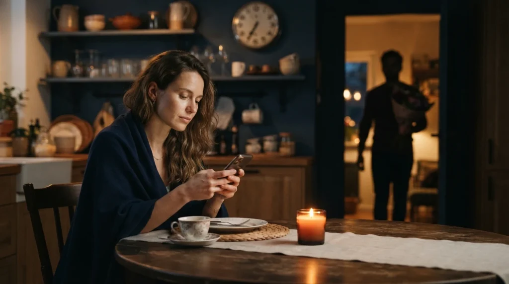 Woman waiting alone as he returns with flowers after neglecting her