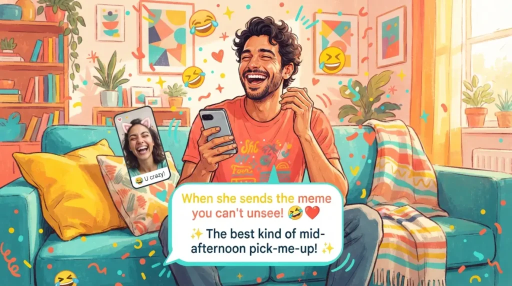 Man laughing at phone reading funny afternoon messages to make him laugh