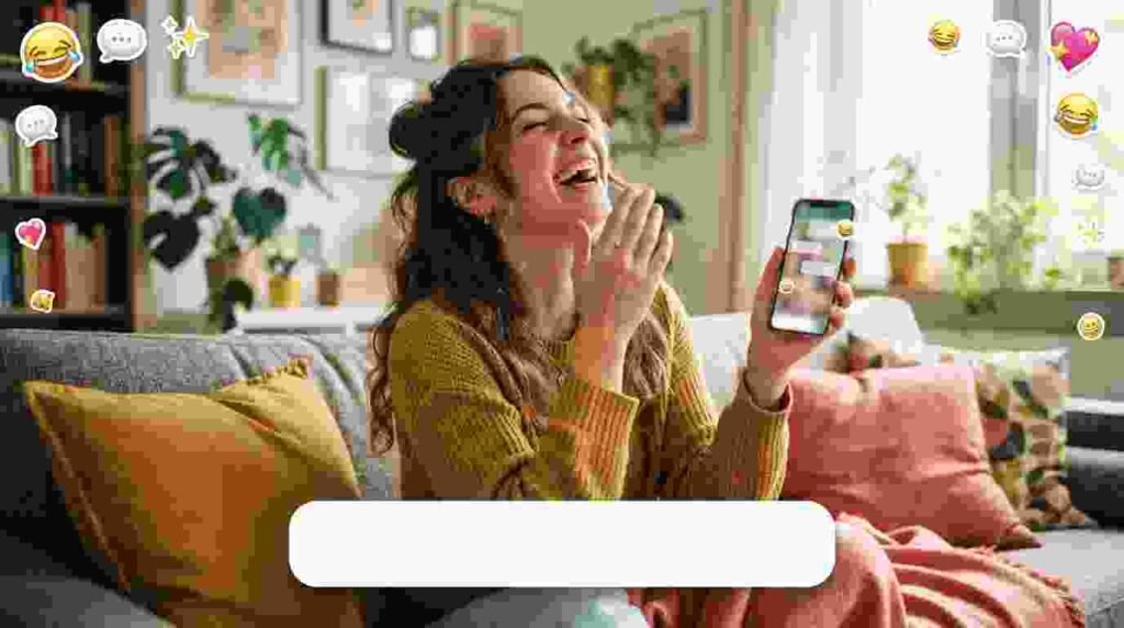 Woman laughing at phone, funny flirty text message moment