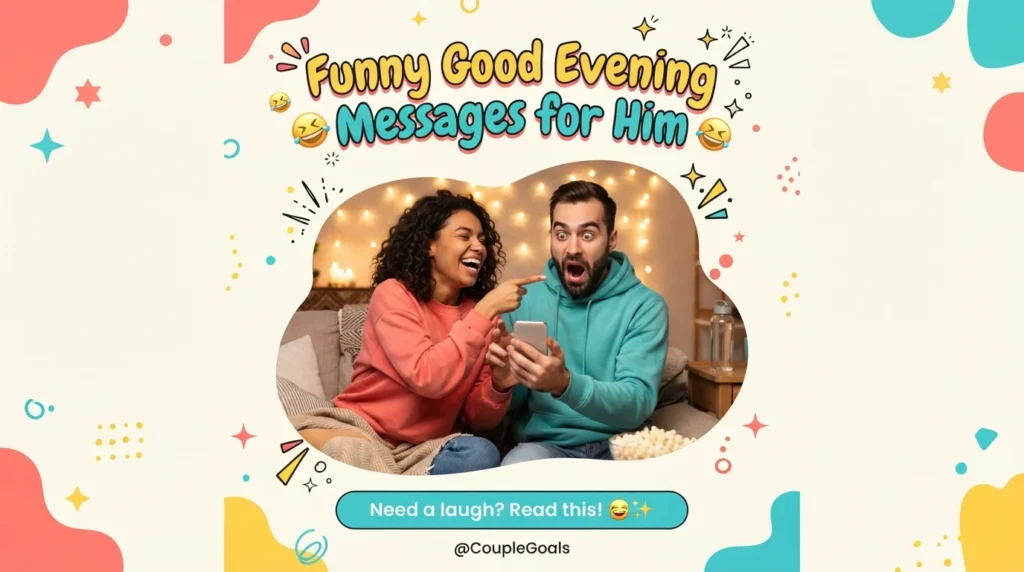Laughing couple sharing funny good evening messages for him on the couch