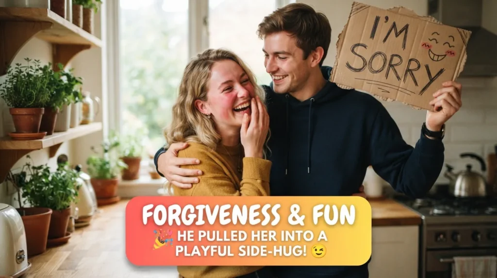 Playful couple laughing over funny sorry messages for her