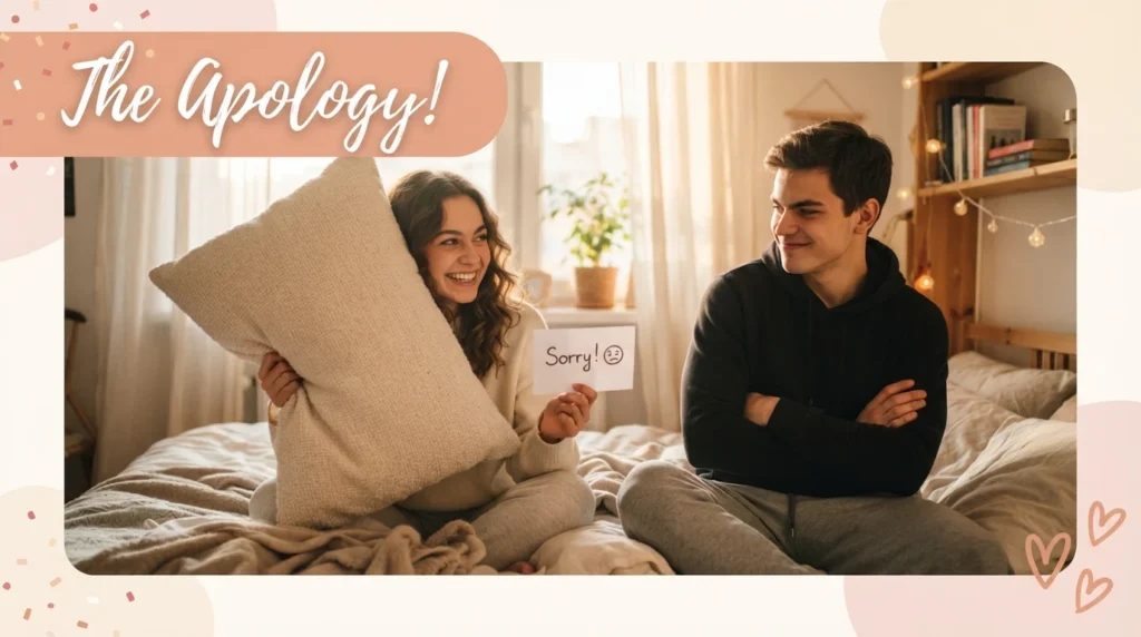 Funny apology messages for him with playful, laughing couple illustration