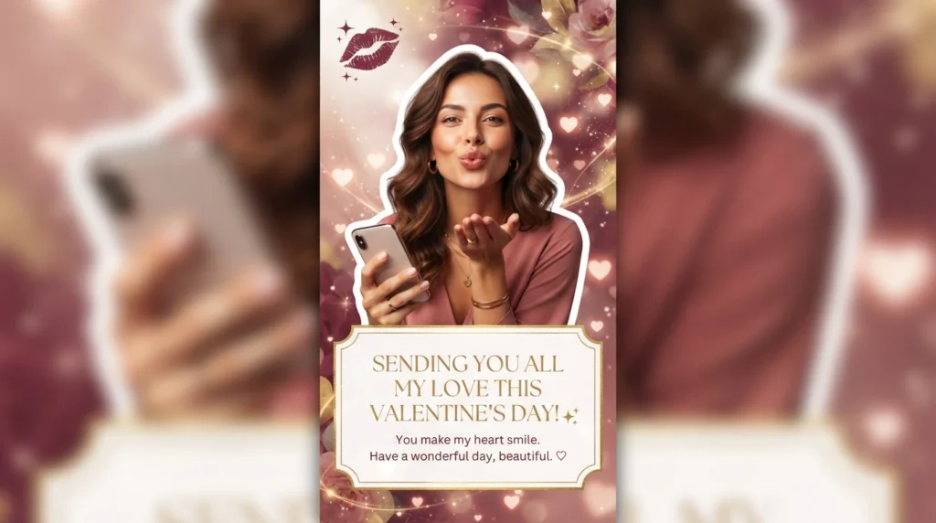 Woman blowing kiss with phone representing gn texts with a sweet compliment