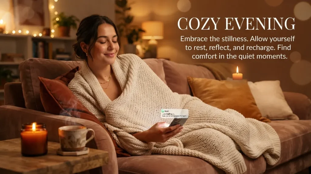 Tired woman relaxing receives comforting good evening message after work
