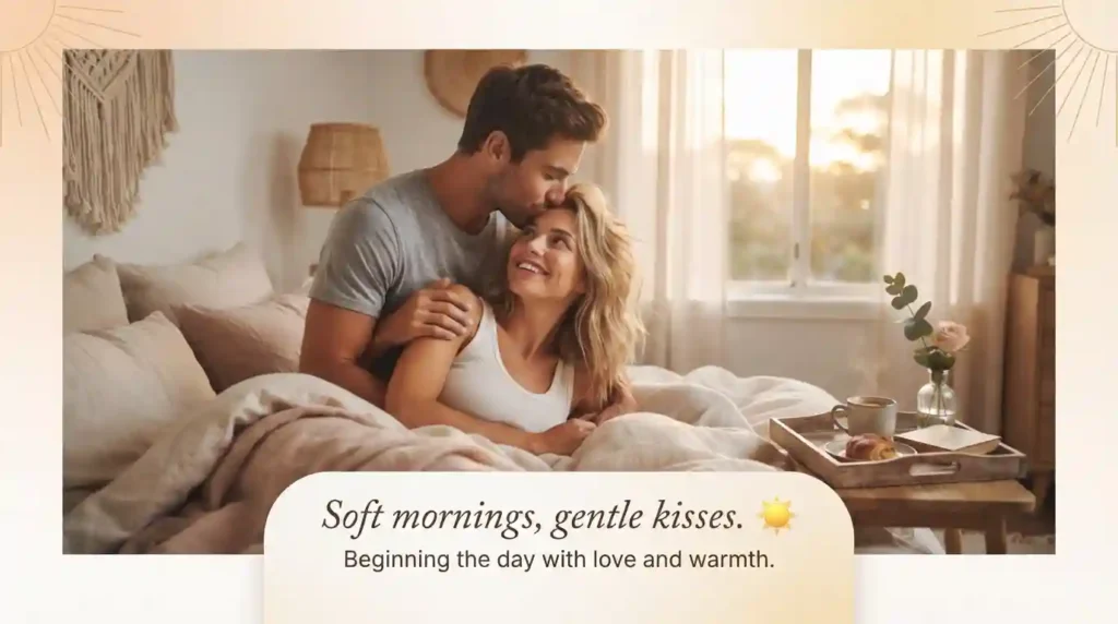 Man kissing woman's forehead in warm morning sunlight apology