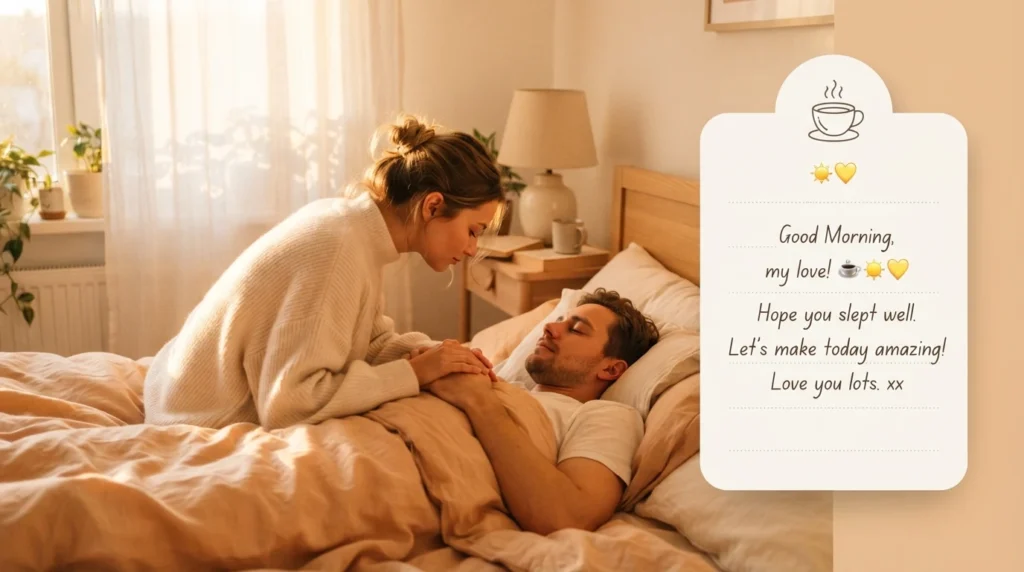 Couple sharing a tender good morning moment with sweet emoji message card