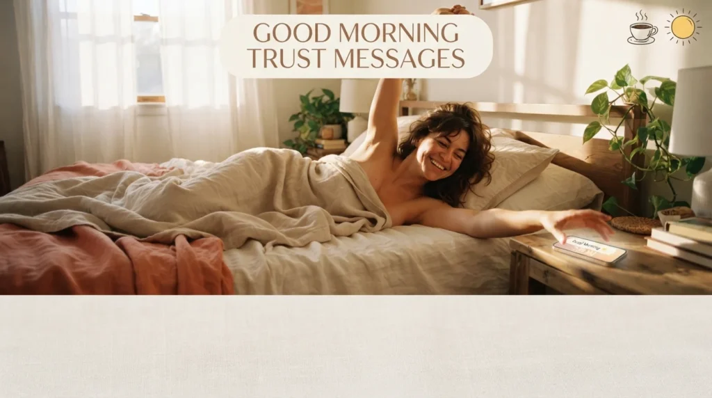Woman waking up smiling reading good morning trust messages for distance relationship