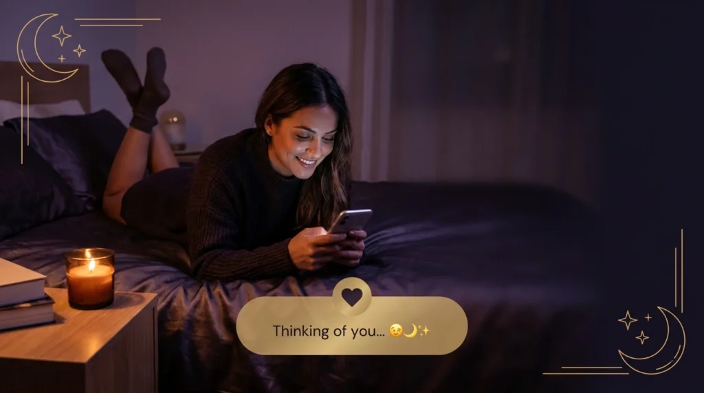 Woman glowing under phone light sending goodnight flirty texts