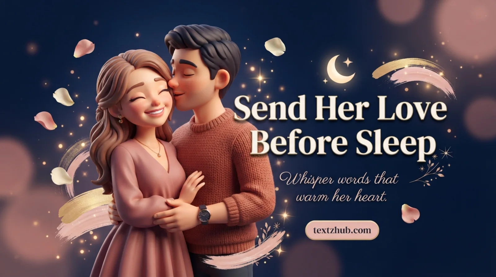 Romantic couple sharing tender goodnight love messages for her under moonlight.