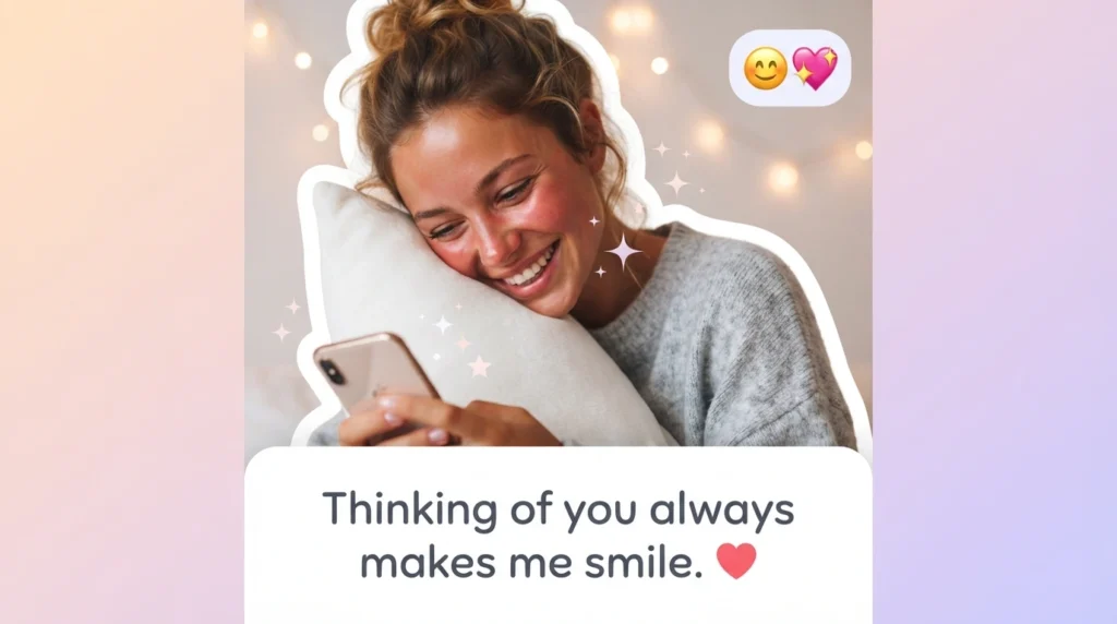 Woman smiling at phone in bed for messages that make her smile