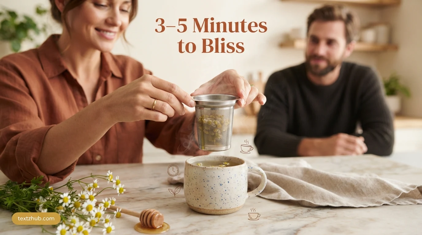 Hands lifting tea infuser showing exactly how long to steep chamomile tea perfectly.