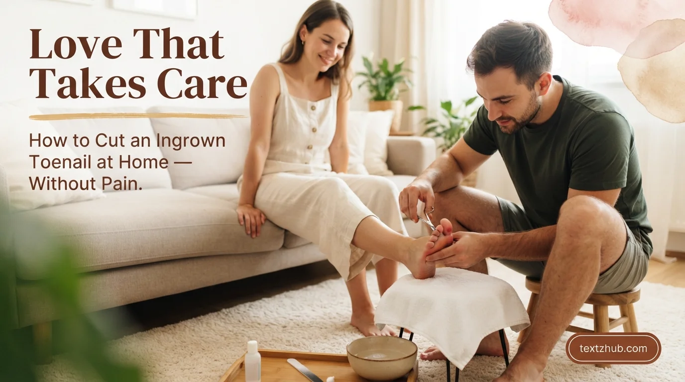 Caring husband gently helping wife on how to cut ingrown toenail at home without pain.