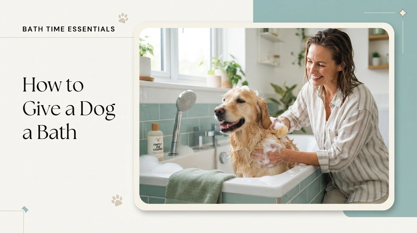 How to give a dog a bath in a bathtub with shampoo and a sponge.