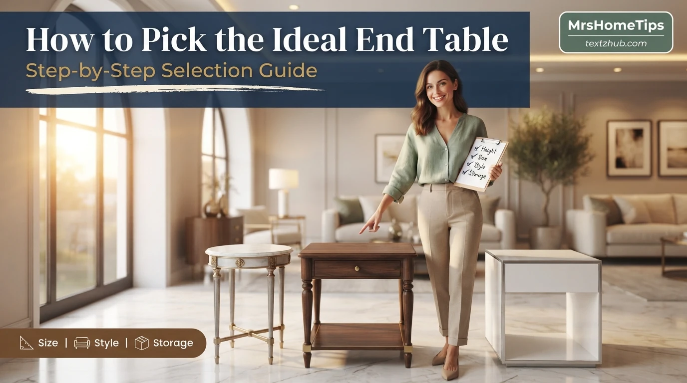 Confident woman actively using a checklist on how to select the ideal end table MrsHomeTips recommends comparing multiple styles.