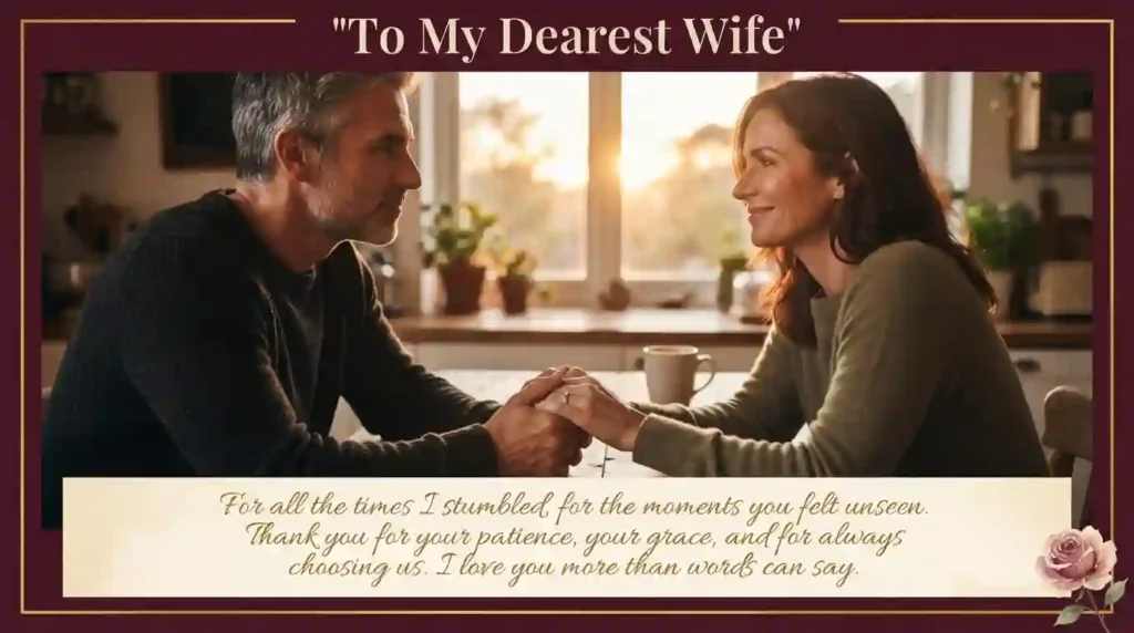 Husband holding wife's hands, wedding rings visible, apologizing