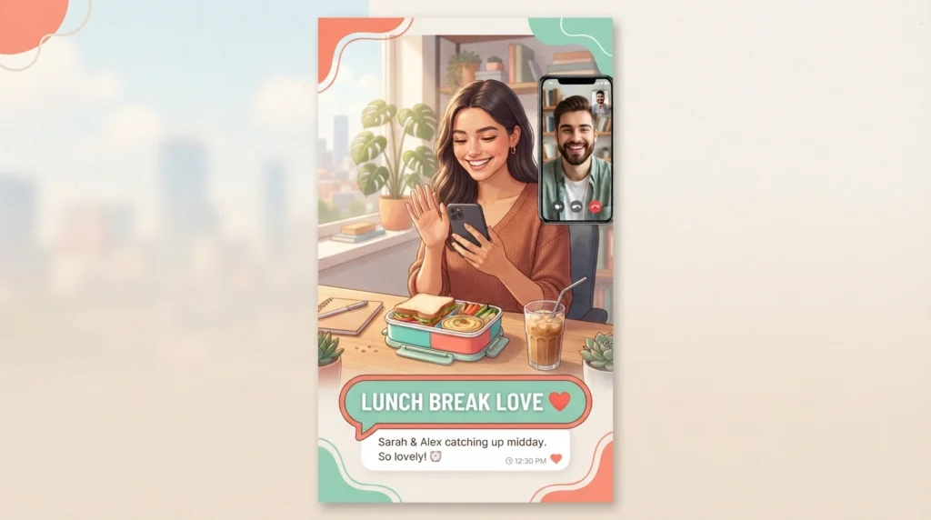 Couple video calling during lunch break check-in messages at the office