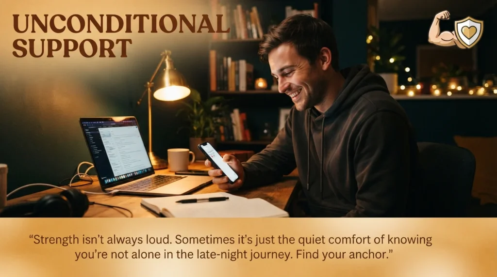 Man smiling at phone reading unconditional support messages during distance relationship