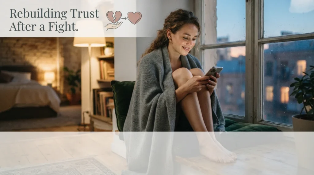 Woman reflecting hopefully on messages for rebuilding trust after a fight