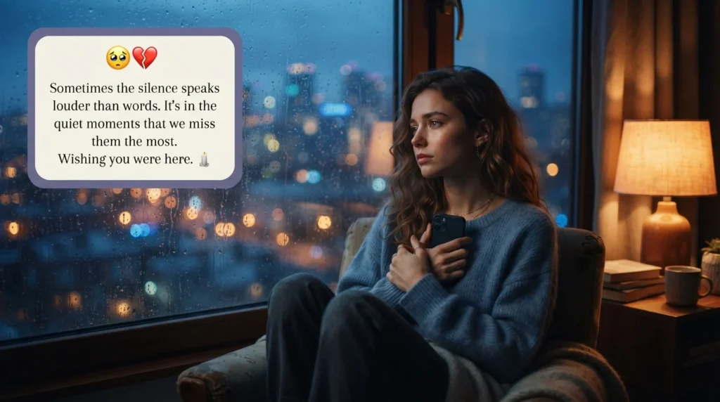 Woman gazing out window missing him with longing emoji message