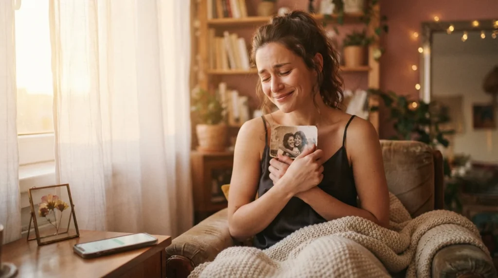 Woman holding old photo, sad love messages for him