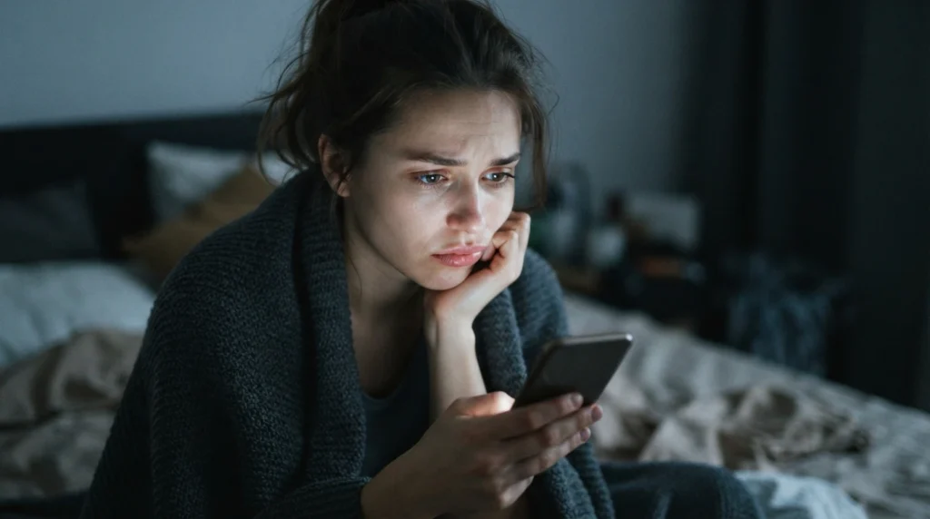 Woman upset writing sad messages for him who doesn't care