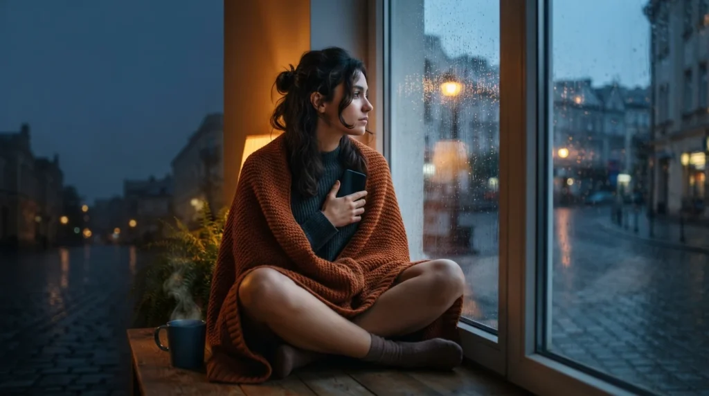 Lonely woman by window sending sad messages for him