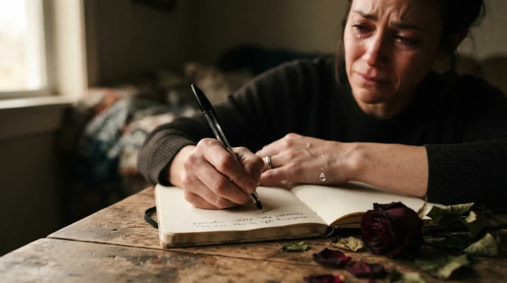 Woman writing sad messages for him to explain deep pain