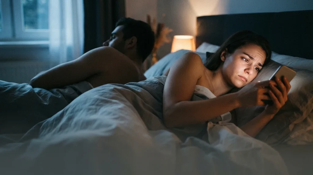 Couple in bed illustrating sad messages for him when distant