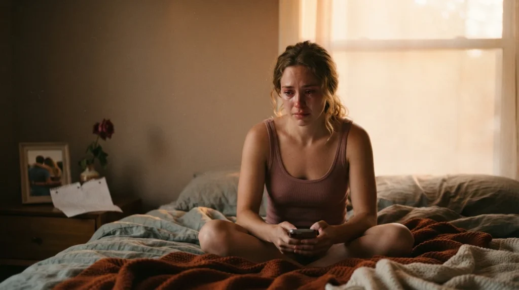 Woman reading sad text messages for him after a heartbreaking breakup