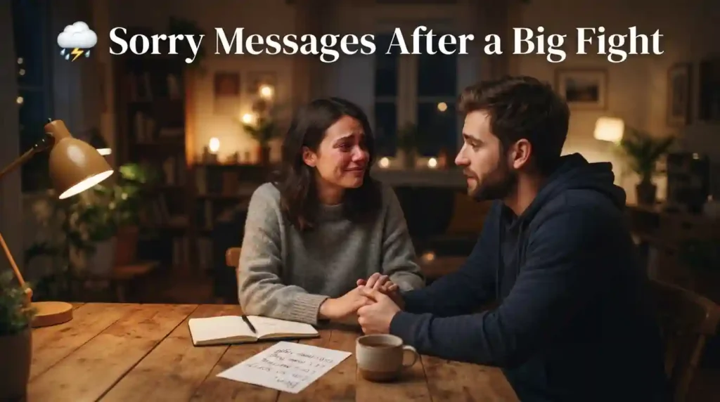 A couple sitting together on a bed after a big fight with the text ⛈️ Sorry Messages After a Big Fight.